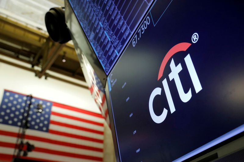 &copy; Reuters. FILE PHOTO: The logo for Citibank is seen on the trading floor at the New York Stock Exchange (NYSE) in Manhattan, New York City, U.S., August 3, 2021. REUTERS/Andrew Kelly 
