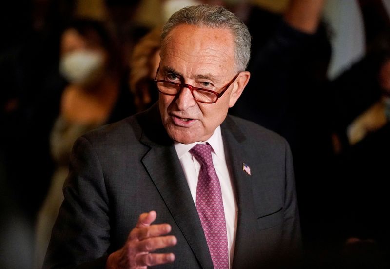 &copy; Reuters. FILE PHOTO: U.S. Senate Majority Leader Chuck Schumer (D-NY) speaks to reporters following the Senate Democrats weekly policy lunch at the U.S. Capitol in Washington, U.S., September 28, 2021. REUTERS/Elizabeth Frantz
