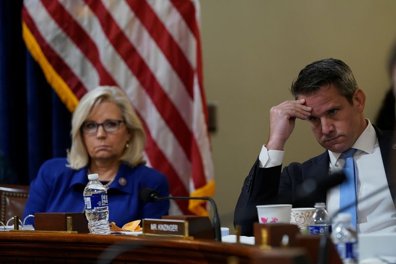 © Reuters. U.S. Rep. Liz Cheney, R-Wyo., and Rep. Adam Kinzinger, R-Ill., listen as Rep. Elaine Luria, D-Va., speaks during the House select committee hearing on the Jan. 6 attack on Capitol Hill, July 27, 2021.  Andrew Harnik/Pool 