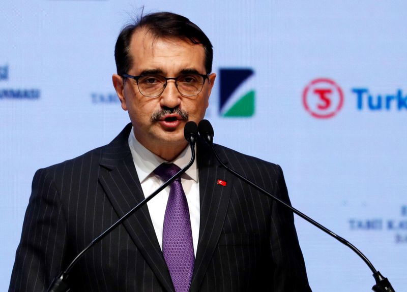 &copy; Reuters. FILE PHOTO: Turkish Minister of Energy Fatih Donmez speaks during a ceremony to mark the completion of the sea part of the TurkStream gas pipeline, in Istanbul, Turkey November 19, 2018. REUTERS/Murad Sezer