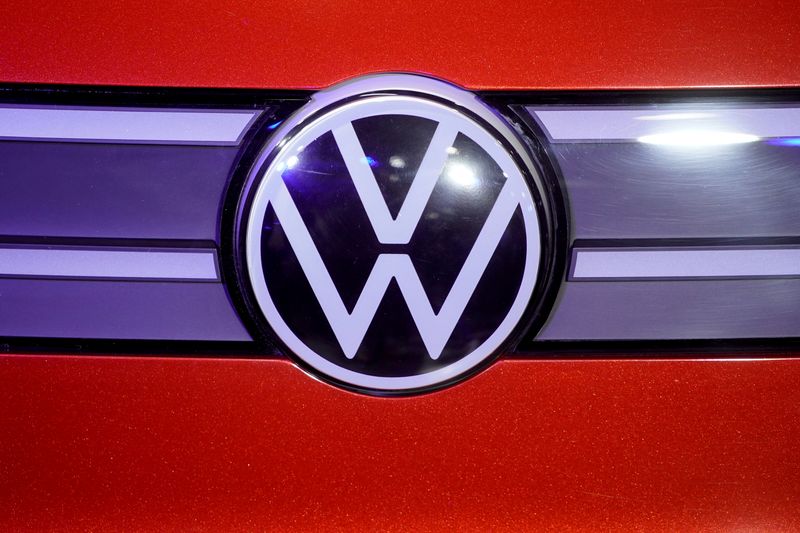 &copy; Reuters. FILE PHOTO: A Volkswagen logo is seen at a construction completion event of SAIC Volkswagen MEB electric vehicle plant in Shanghai, China November 8, 2019. REUTERS/Aly Song