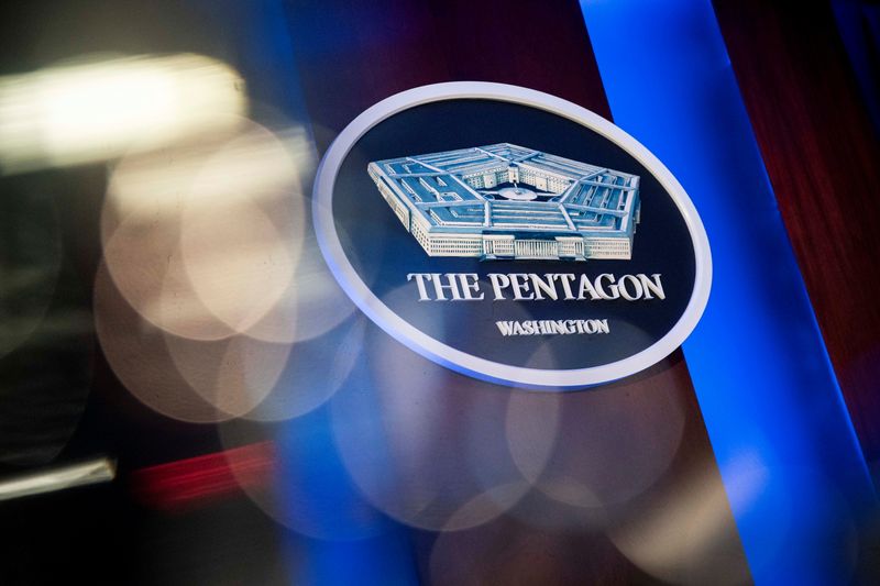 &copy; Reuters. FILE PHOTO: The Pentagon logo is seen behind the podium in the briefing room at the Pentagon in Arlington, Virginia, U.S., January 8, 2020. REUTERS/Al Drago/File Photo