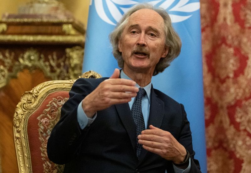 &copy; Reuters. FILE PHOTO: U.N. Special Envoy for Syria Geir Pedersen gestures while speaking during a meeting with Russian Foreign Minister Sergei Lavrov in Moscow, Russia July 22, 2021. Sergei Ilnitsky/Pool via REUTERS