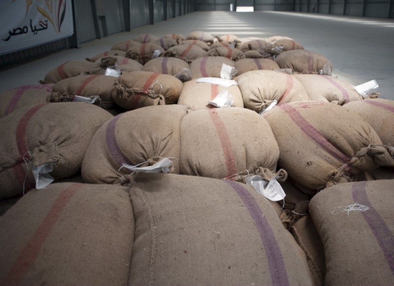 &copy; Reuters. أجولة من القمح داخل مستودع بمدينة الإسكندرية المصرية - صورة من أرشيف رويترز 