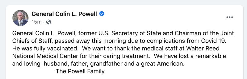 &copy; Reuters. A screen grab shows a statement on a page of former U.S. Secretary of State Colin Powell obtained on October 18, 2021. in this screen grab obtained from social media. Social media website/via REUTERS THIS IMAGE HAS BEEN SUPPLIED BY A THIRD PARTY. MANDATOR