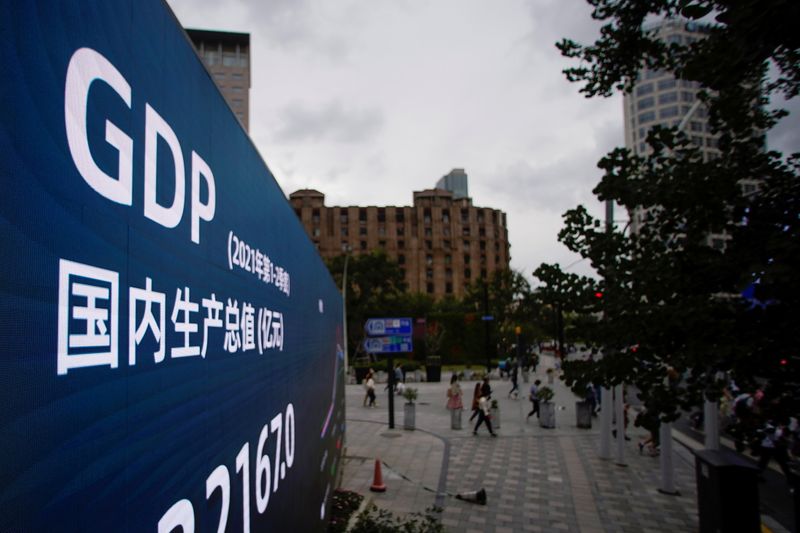 &copy; Reuters. Una pantalla electrónica que muestra los índices del PIB de China se ve en una calle de Shanghái, China, 16 octubre 2021.
REUTERS/Aly Song
