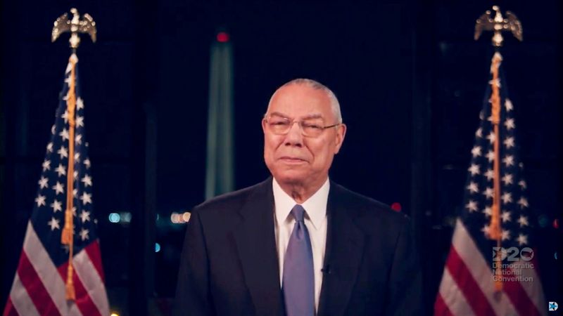 &copy; Reuters. FILE PHOTO: Former U.S. Secretary of State Colin Powell speaks by video feed during the virtual 2020 Democratic National Convention as participants from across the country are hosted over video links from the originally planned site of the convention in M