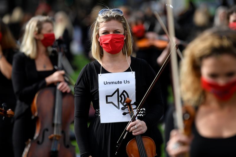 &copy; Reuters. FILE PHOTO: Musicians perform near the houses of Parliament during a protest highlighting their inability to perform live or work during the coronavirus disease (COVID-19) pandemic, London, Britain, October 6, 2020. REUTERS/Toby Melville
