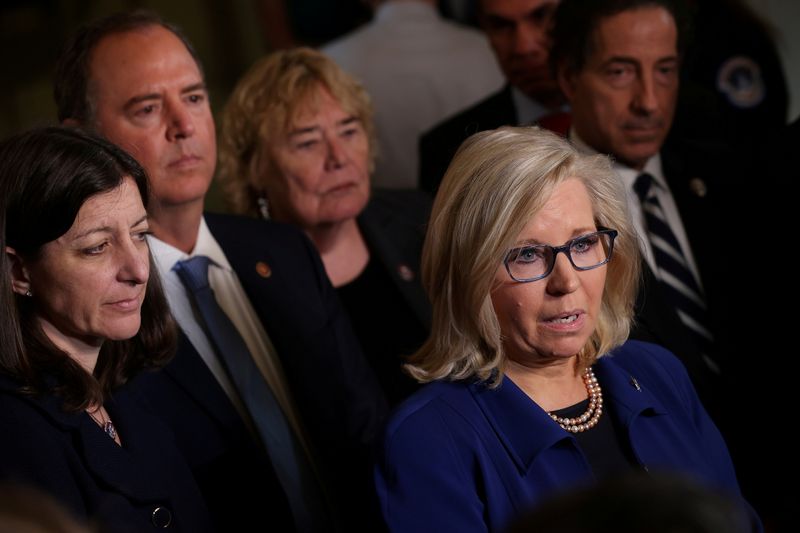 &copy; Reuters. FILE PHOTO: U.S. Reps. Elaine Luria (D-VA), Adam Schiff (D-CA), Zoe Lofgren (D-CA), Liz Cheney (R-WY) and Jamie Raskin (D-MD) speak to the press after the House Select Committee hearing investigating the Jan. 6 attack on Capitol Hill in Washington, U.S., 