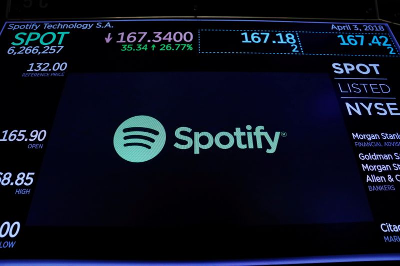 &copy; Reuters. FILE PHOTO: The Spotify logo is displayed after the stock began selling as a direct listing on the floor of the New York Stock Exchange in New York, U.S., April 3, 2018.  REUTERS/Lucas Jackson
