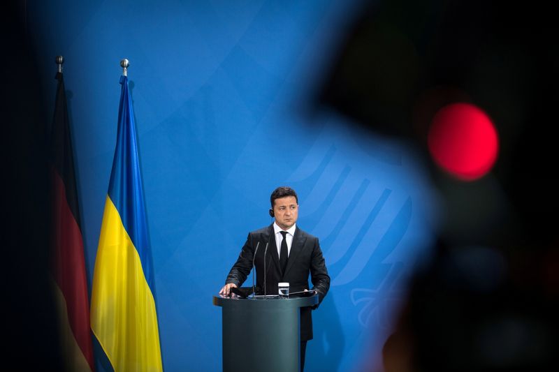&copy; Reuters. Ukrainian President Volodymyr Zelenskiy gives statements ahead of talks at the Chancellery in Berlin, Germany July 12, 2021. Stefanie Loos/ Pool via REUTERS