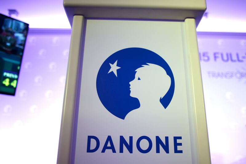 &copy; Reuters. The logo of French food group Danone is seen during a news conference to present the company's 2015 annual results in Paris, France, February 23, 2016. Danone forecast a further improvement in sales and profit this year, but warned economic conditions wou