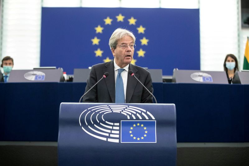 &copy; Reuters. FILE PHOTO: European Commissioner for Economy Paolo Gentiloni delivers his speech about the Pandora Papers and the implications on the efforts to combat money laundering, tax evasion and avoidance at the European Parliament, in Strasbourg, France October 