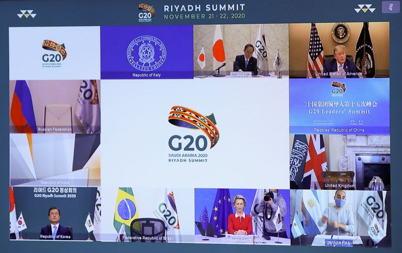 © Reuters. Imagen de archivo de un encuentro virtual del G20 organizado de forma virtual por Arabia Saudita durante la pandemia del COVID-19, en Bruselas, Bélgica. 21 noviembre 2020. REUTERS/Yves Herman/Pool