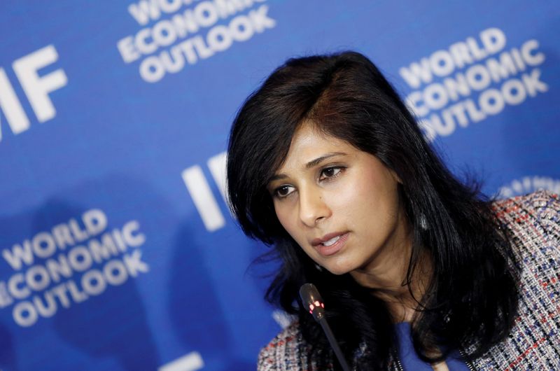 &copy; Reuters. FILE PHOTO: Gita Gopinath, Economic Counsellor and Director of the Research Department at the International Monetary Fund (IMF) speaks during a news conference in Santiago, Chile,  July 23, 2019. REUTERS/Rodrigo Garrido/File Photo