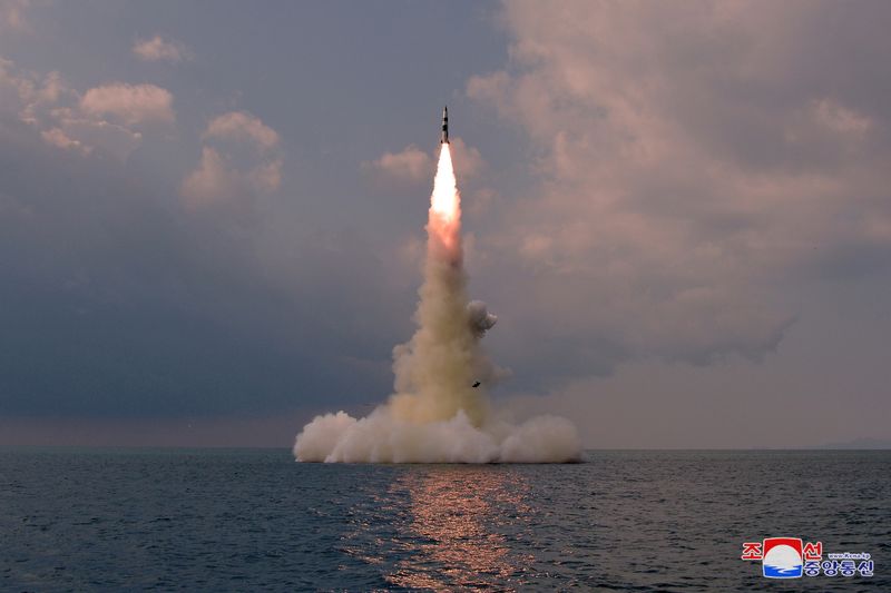&copy; Reuters. A new submarine-launched ballistic missile is seen during a test in this undated photo released on October 19, 2021 by North Korea's Korean Central News Agency (KCNA).  KCNA via REUTERS    ATTENTION EDITORS - THIS IMAGE WAS PROVIDED BY A THIRD PARTY. REUT