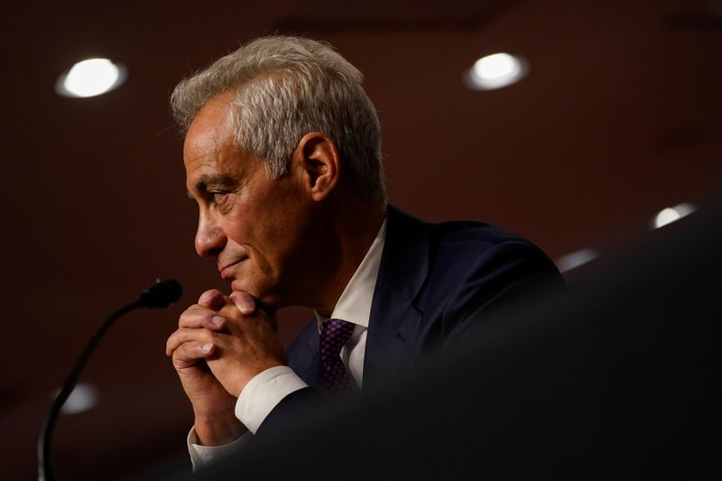 &copy; Reuters. Former Chicago Mayor Rahm Emanuel listens as committee members speak during the Senate Foreign Relations Committee hearing on his nomination to be the United States Ambassador to Japan, on Capitol Hill in Washington, U.S., October 20, 2021. REUTERS/Elizab