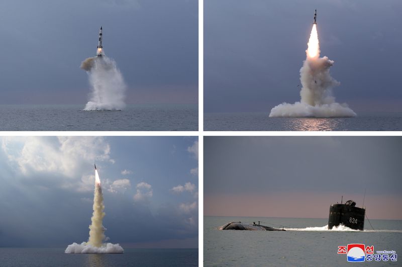 &copy; Reuters. FILE PHOTO: A combination of pictures shows a new submarine-launched ballistic missile during a test in this undated photo released on October 19, 2021 by North Korea's Korean Central News Agency (KCNA).  KCNA via REUTERS   