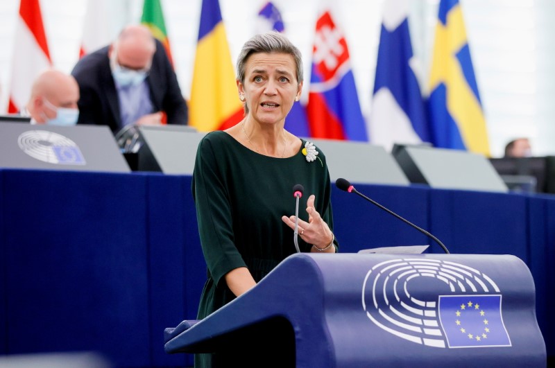 &copy; Reuters. FILE PHOTO: European Commission's executive Vice President Margrethe Vestager delivers a speech during a debate on EU-Taiwan political relations and cooperation at the European Parliament in Strasbourg, France, October 19, 2021. Ronald Wittek/Pool via REU