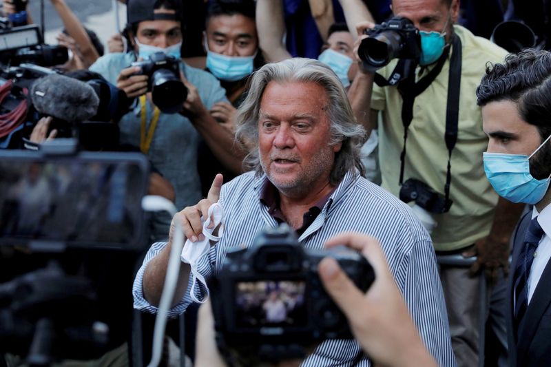 &copy; Reuters. FILE PHOTO: Former White House Chief Strategist Steve Bannon exits the Manhattan Federal Court, following his arraignment hearing for conspiracy to commit wire fraud and conspiracy to commit money laundering, in the Manhattan borough of New York City, New