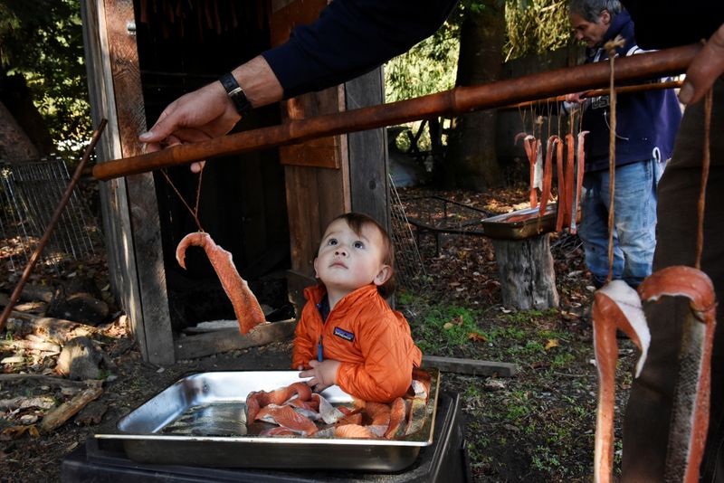© Reuters. A 16-month-old boy watches as his father Joseph Marshal and great Uncle Ernie Marshal (R) place salmon on a pole to be put into a smoke house on the Trinity River on the Hoopa Valley Reservation in Hoopa, California, October 14, 2021.  REUTERS/Stephanie Keith  