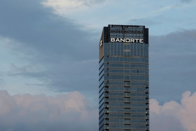 &copy; Reuters. A sign of Banorte bank is seen at the Koi Tower office building in Pedro Garza Garcia, Mexico July 1, 2019. Picture taken July 1, 2019. REUTERS/Daniel Becerril/Files
