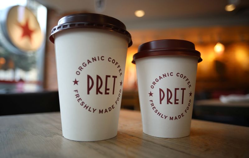 &copy; Reuters. FILE PHOTO: Take-away coffee cups stand on a table inside a Pret A Manger store in Liverpool, Britain, September 22, 2021. REUTERS/Phil Noble