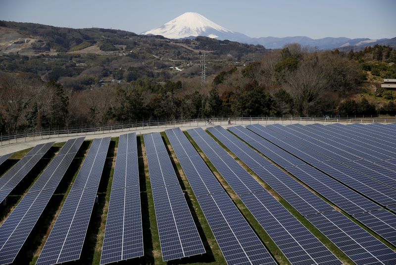 &copy; Reuters. 　１０月２２日、政府は、国のエネルギー政策の方針を示す「第６次エネルギー基本計画」を閣議決定した。写真は太陽光発電施設。神奈川県で２０１６年３月撮影（２０２１年　ロイター