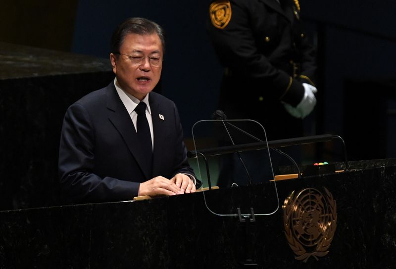 &copy; Reuters. FILE PHOTO: South Korea's President Moon Jae-in speaks during the 76th Session of the General Assembly at UN Headquarters in New York on September 21, 2021. Timothy A. Clary/Pool via REUTERS