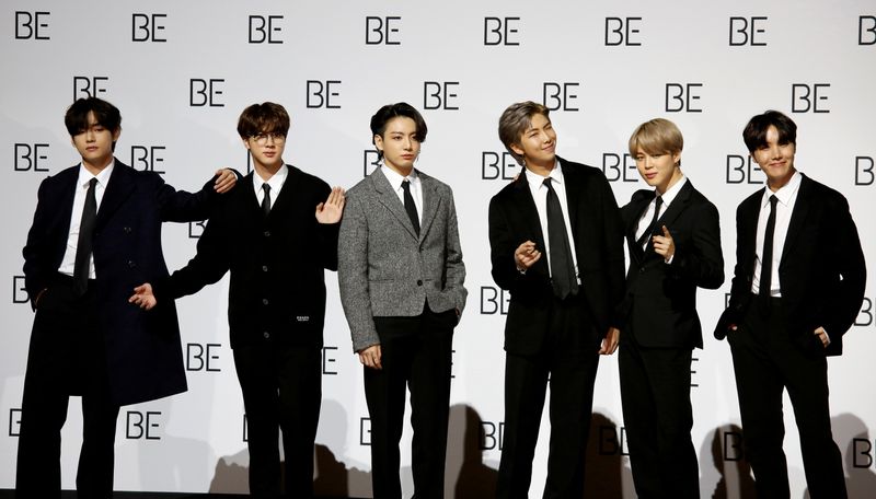 &copy; Reuters. FILE PHOTO: Members of K-pop boy band BTS pose for photographs during a news conference promoting their new album "BE(Deluxe Edition)" in Seoul, South Korea, November 20, 2020.    REUTERS/Heo Ran