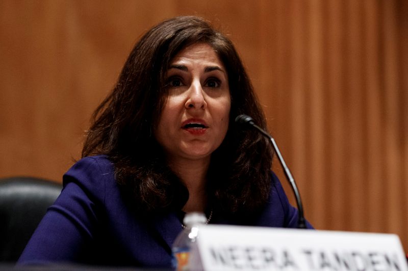 &copy; Reuters. FILE PHOTO: Neera Tanden, director of the Office and Management and Budget (OMB) nominee for U.S. President Joe Biden, speaks during a Senate Homeland Security and Governmental Affairs Committee confirmation hearing in Washington, D.C., U.S., February 9, 