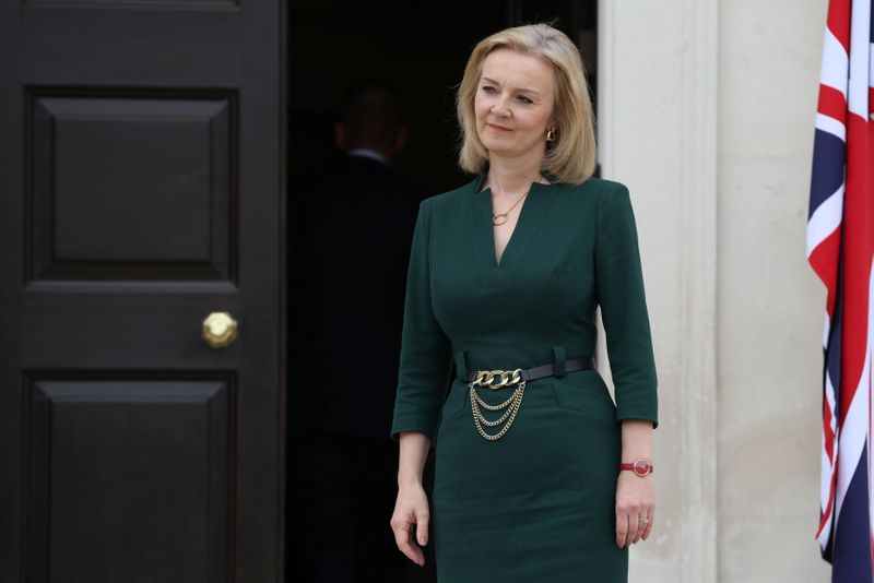 &copy; Reuters. FILE PHOTO: Britain's Foreign Secretary?Liz?Truss stands outside Chevening House where she is meeting Latvia's Foreign Minister Edgars Rinkevics, Lithuania's Foreign Minister Gabrielius Landsbergis, and Estonia's Foreign Minister Eva-Maria Liimets, in Che