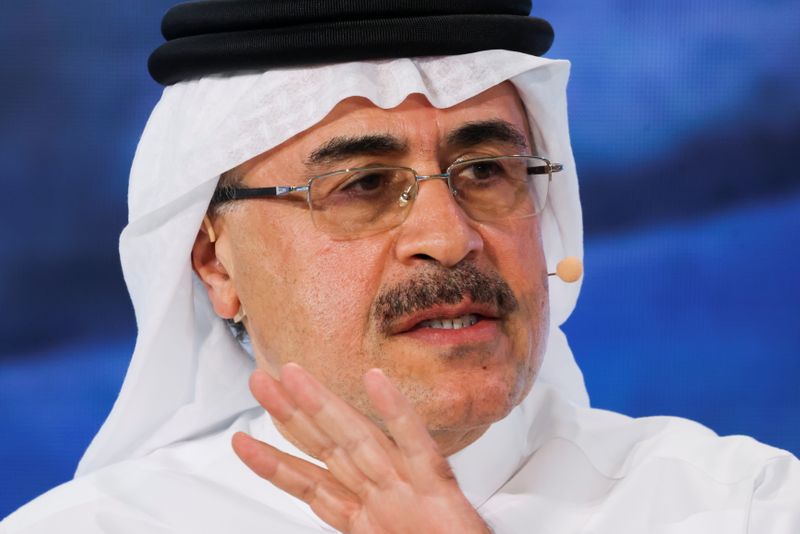 © Reuters. أمين الناصر الرئيس التنفيذي لشركة النفط السعودية أرامكو يتحدث خلال قمة مبادرة السعودية الخضراء في الرياض يوم السبت. تصوير:أحمد يسري-رويترز.