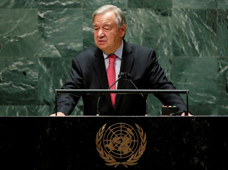 &copy; Reuters. الأمين العام للأمم المتحدة أنطونيو جوتيريش يلقي كلمة أمام الجمعية العامة يوم 21 سبتمبر أيلول 2021. تصوير: إدواردو مونوز - رويترز.