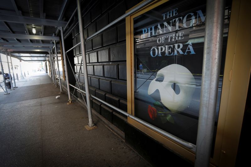 &copy; Reuters. FILE PHOTO: A poster for the popular show "The Phantom of The Opera" is seen on the exterior of the shuttered Majestic Theatre in New York, U.S., July 2, 2020. REUTERS/Mike Segar/File Photo