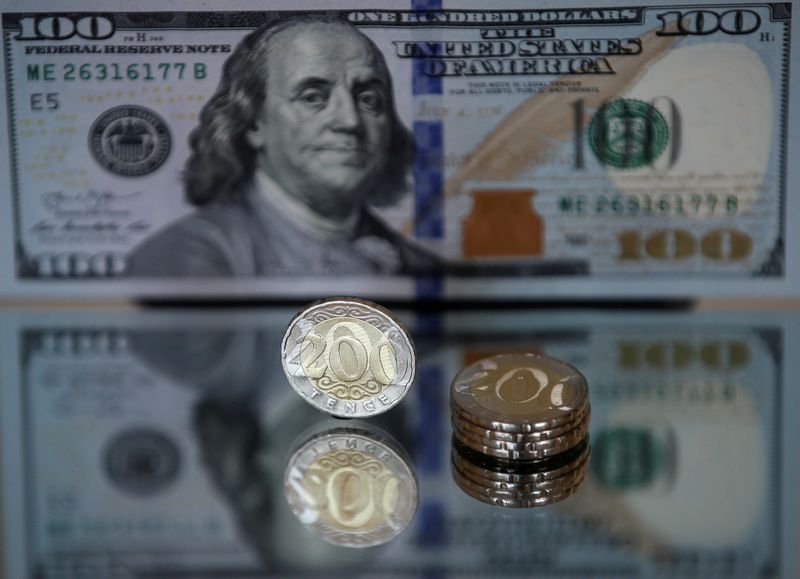 &copy; Reuters. FILE PHOTO: Kazakh 200 tenge coins are pictured in front of a U.S. 100 dollar banknote in this illustration taken March 10, 2020. REUTERS/Pavel Mikheyev