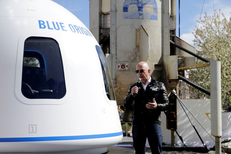 &copy; Reuters. FILE PHOTO: Amazon and Blue Origin founder Jeff Bezos addresses the media about the New Shepard rocket booster and Crew Capsule mockup at the 33rd Space Symposium in Colorado Springs, Colorado, United States April 5, 2017.  REUTERS/Isaiah J. Downing/File 