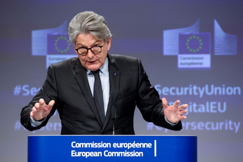 &copy; Reuters. FILE PHOTO: European Commissioner in Charge of Internal Market Thierry Breton speaks on during a news conference on security and cybersecurity strategy at the EU headquarters in Brussels, Belgium June 23, 2021. Kenzo Tribouillard/Pool via REUTERS