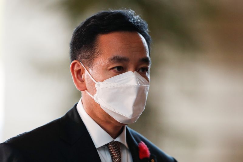 &copy; Reuters. FILE PHOTO: Japan's new Minister for Economic Revitalisation Daishiro Yamagiwa arrives at prime minister's office in Tokyo, Japan October 4, 2021.  REUTERS/Issei Kato