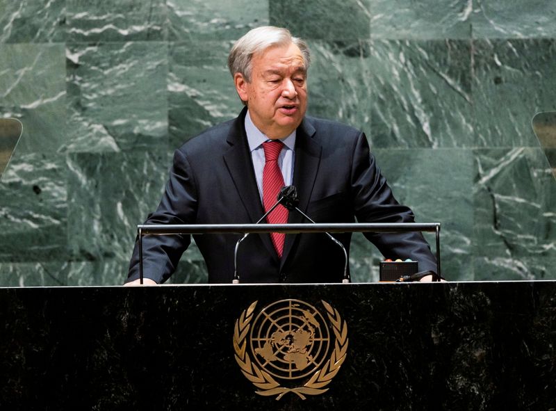 &copy; Reuters. الأمين العام للأمم المتحدة أنطونيو جوتيريش يتحدث في مقر الأمم المتحدة في نيويورك في ذكرى مرور 20 عاما على إعلان دربان يوم 22 سبتمبر أيلول 2021. ص