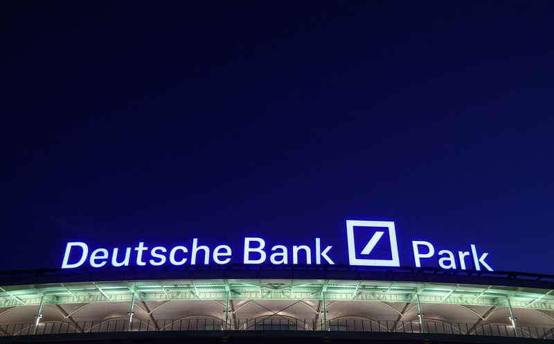 © Reuters. The new logo of the Deutsche Bank Park football stadium, named after Germany's largest business bank, is illuminated for the first time in Frankfurt, Germany, August 20, 2020.   REUTERS/Kai Pfaffenbach