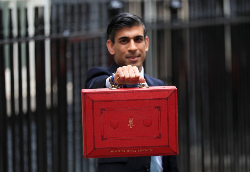 © Reuters. Britain's Chancellor of the Exchequer Rishi Sunak holds the budget box outside Downing Street in London, Britain, October 27, 2021. REUTERS/May James