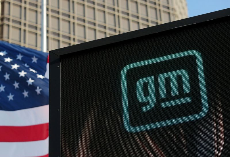 © Reuters. FILE PHOTO: The new GM logo is seen on the facade of the General Motors headquarters in Detroit, Michigan, U.S., March 16, 2021. Picture taken March 16, 2021.  REUTERS/Rebecca Cook/File Photo