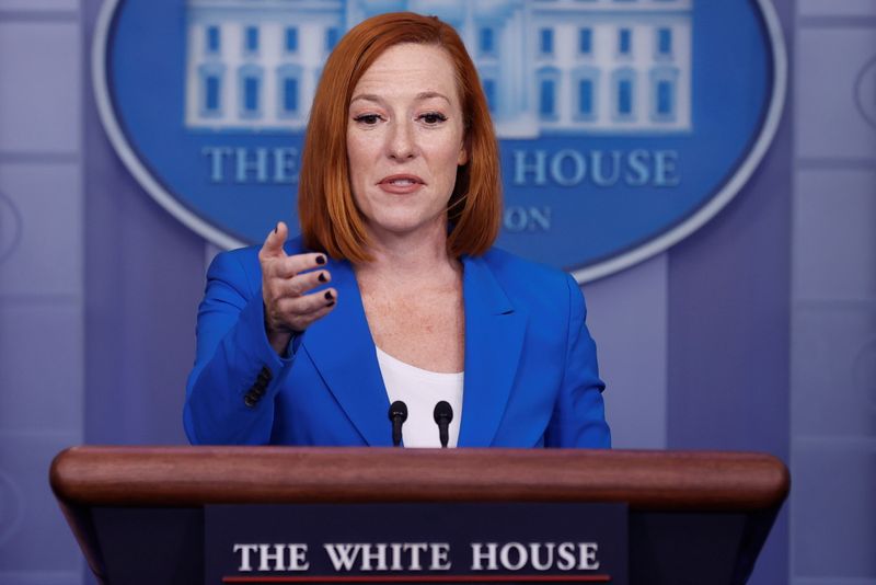 &copy; Reuters. FILE PHOTO: White House Press Secretary Jen Psaki addresses the daily press briefing at the White House in Washington, U.S. October 26, 2021.  REUTERS/Jonathan Ernst