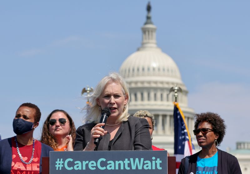 © Reuters. FILE PHOTO: Senator Kirsten Gillibrand (D-NY) speaks at a Paid Leave for all cross-country bus tour stop outside the U.S. Capitol in Washington, U.S., August 4, 2021. REUTERS/Evelyn Hockstein/File Photo