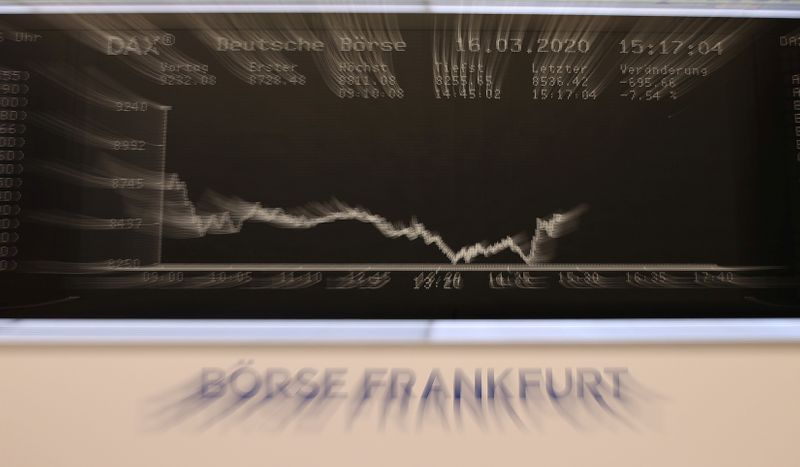 &copy; Reuters. شاشة تعرض مؤشر داكس الألماني في بورصة فرانكفورت بصورة من أرشيف رويترز.