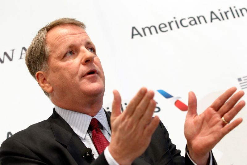 &copy; Reuters. FILE PHOTO: U.S. Airways CEO Doug Parker announces the planned merger of AMR Corp, the parent of American Airlines, with U.S. Airways during a news conference at Dallas-Ft Worth International Airport February 14, 2013. TREUTERS/Mike Stone/File Photo
