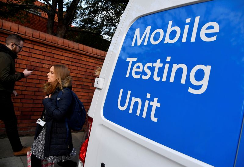 &copy; Reuters. FILE PHOTO: People walk past a COVID-19 Mobile Testing Unit van, amidst the spread of the coronavirus disease (COVID-19), in London, Britain, October 21, 2021. REUTERS/Toby Melville/File Photo