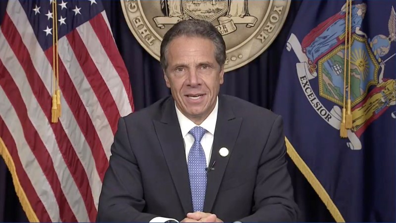 &copy; Reuters. FILE PHOTO: New York Governor Andrew Cuomo makes a statement as he announces he will resign in this screen grab taken from a video released by the Office of the NY Governor, in New York, U.S., August 10, 2021. Office of Governor Andrew M. Cuomo/Handout vi