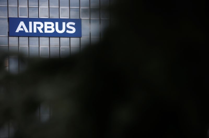 &copy; Reuters. FILE PHOTO: The logo of Airbus is seen on a building in Toulouse, France, March 11, 2021. REUTERS/Stephane Mahe